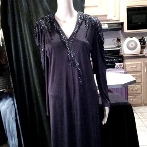 Jo Ed Sophisticates little black dress long sleeve beaded design on front sz med